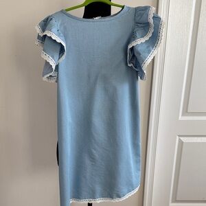 Girls' Light Blue Lace-Trim Flutter Sleeve Dress